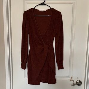 Elegant Brown/Orange Long Sleeve Dress